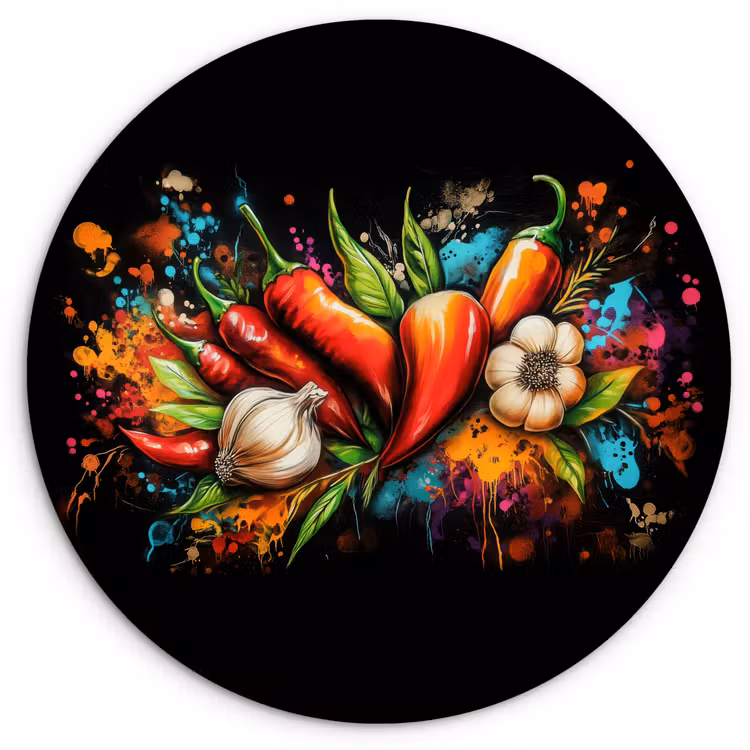 Wandcirkel - Glas - Groente - Peper - Knoflook - Graffiti - Verf - Kleurrijk — 1