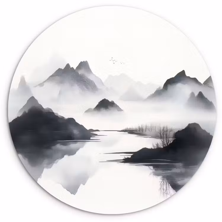 Wandcirkel - Glas - Bergen - Mistig - Water - Wit — 1