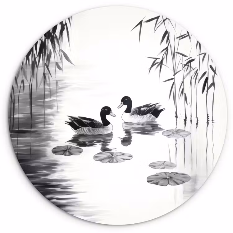 Wandcirkel - Glas - Eenden - Waterlelies - Riet - Zwart — 1