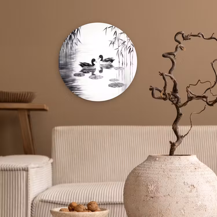 Wandcirkel - Glas - Eenden - Waterlelies - Riet - Zwart — 2