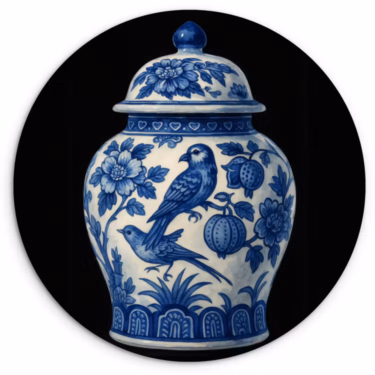Wandcirkel - Glas - Pot - Delfts Blauw - Bloemen — 1