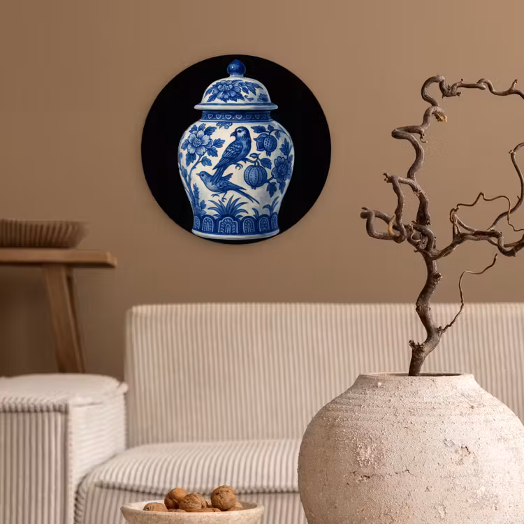 Wandcirkel - Glas - Pot - Delfts Blauw - Bloemen — 2