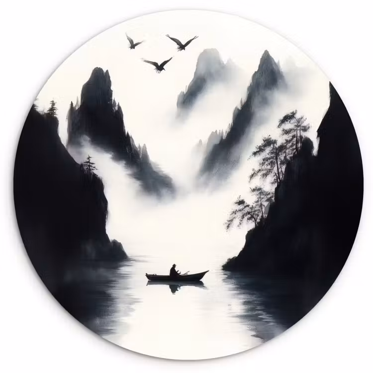 Wandcirkel - Glas - Roeiboot - Mistig - Bergen - Vogels — 1