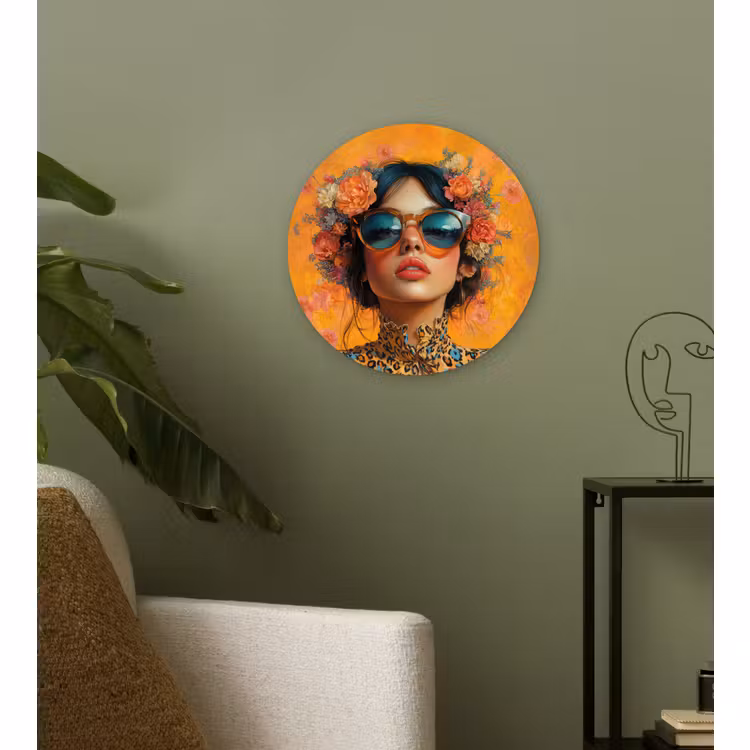 Wandcirkel - Glas - Vrouw - Bloemen - Aesthetic - Oranje — 3