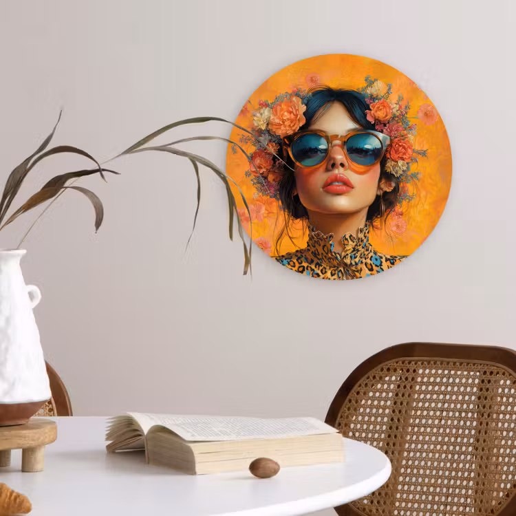 Wandcirkel - Glas - Vrouw - Bloemen - Aesthetic - Oranje — 4