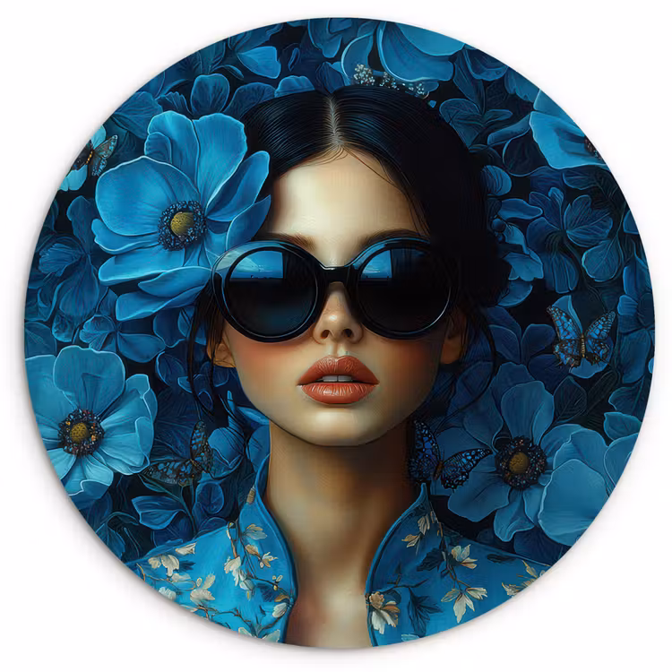 Wandcirkel - Glas - Vrouw - Bloemen - Blauw - Aesthetic - Luxe — 1
