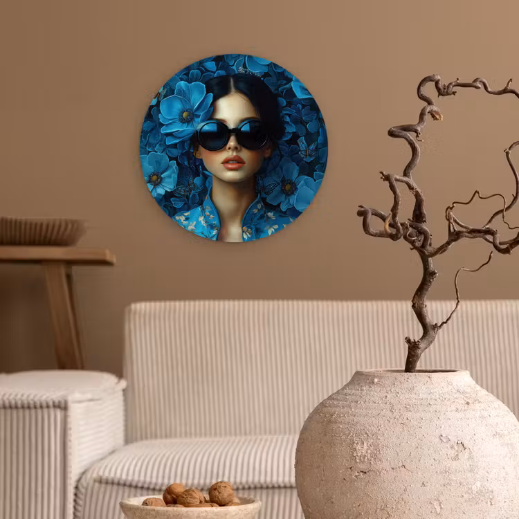 Wandcirkel - Glas - Vrouw - Bloemen - Blauw - Aesthetic - Luxe — 2