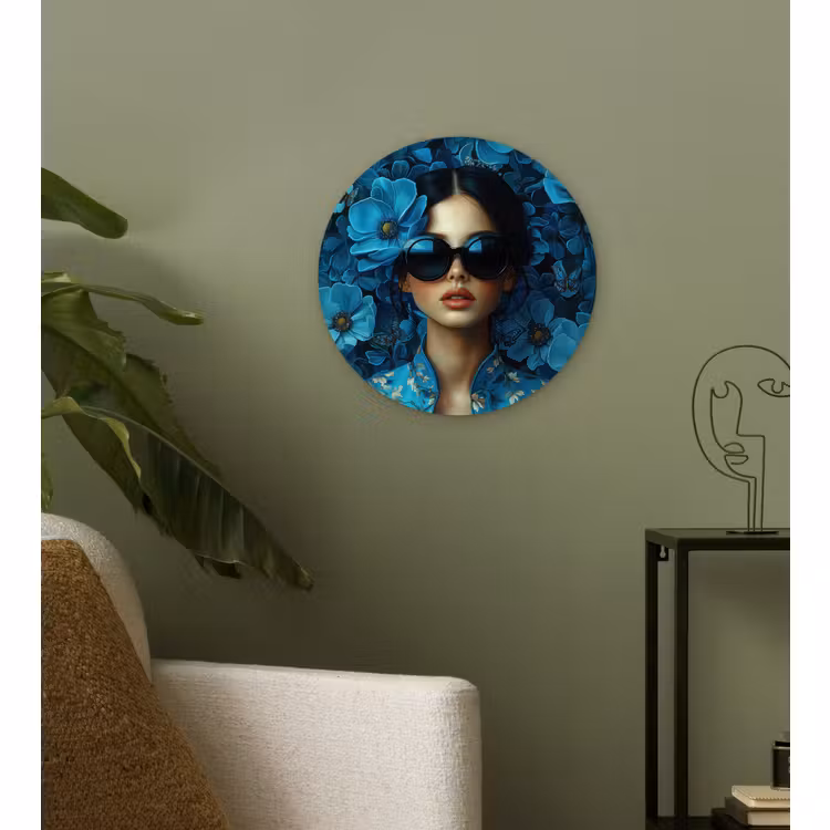 Wandcirkel - Glas - Vrouw - Bloemen - Blauw - Aesthetic - Luxe — 3