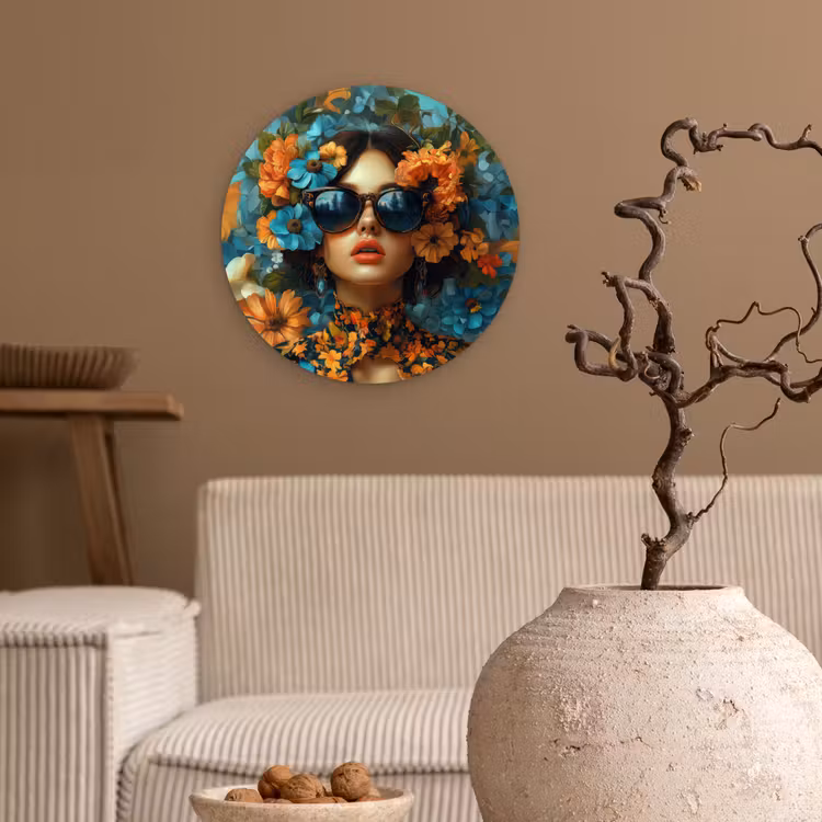 Wandcirkel - Glas - Vrouw - Bloemen - Oranje - Blauw - Modern — 2