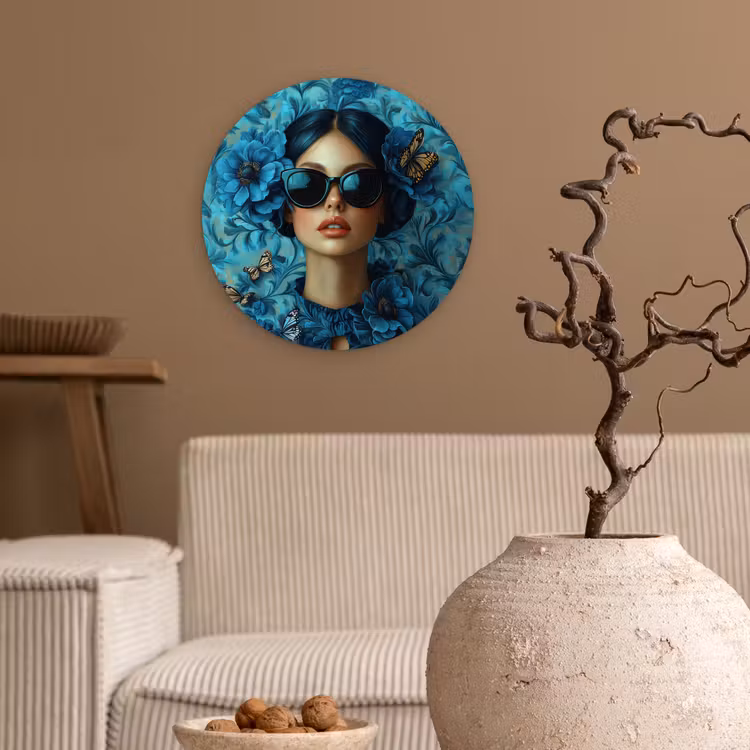 Wandcirkel - Glas - Vrouw - Bloemen - Vlinders - Blauw - Abstract — 2