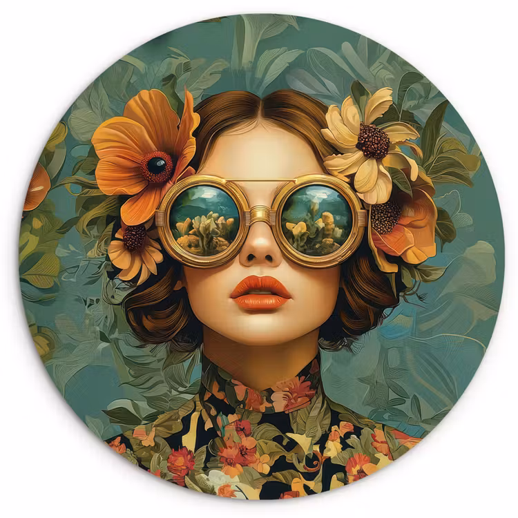 Wandcirkel - Glas - Vrouw - Bloemen - Vlinders - Natuur - Vintage — 1