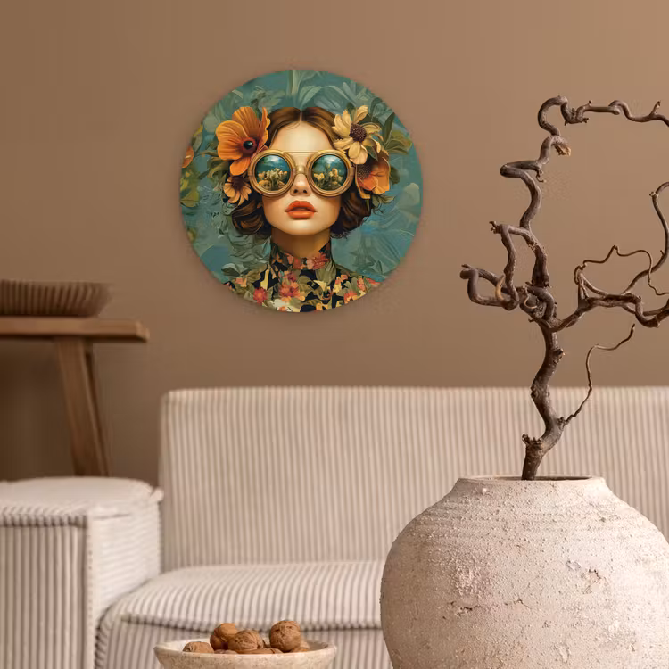 Wandcirkel - Glas - Vrouw - Bloemen - Vlinders - Natuur - Vintage — 2