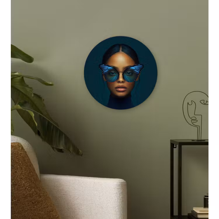Wandcirkel - Glas - Vrouw - Vlinder - Bril - Blauw - Modern - Portret — 3
