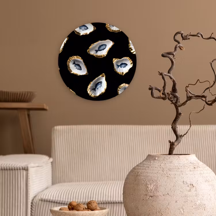 Wandcirkel - Glas - Oesters - Vissen - Blauw - Goud — 2