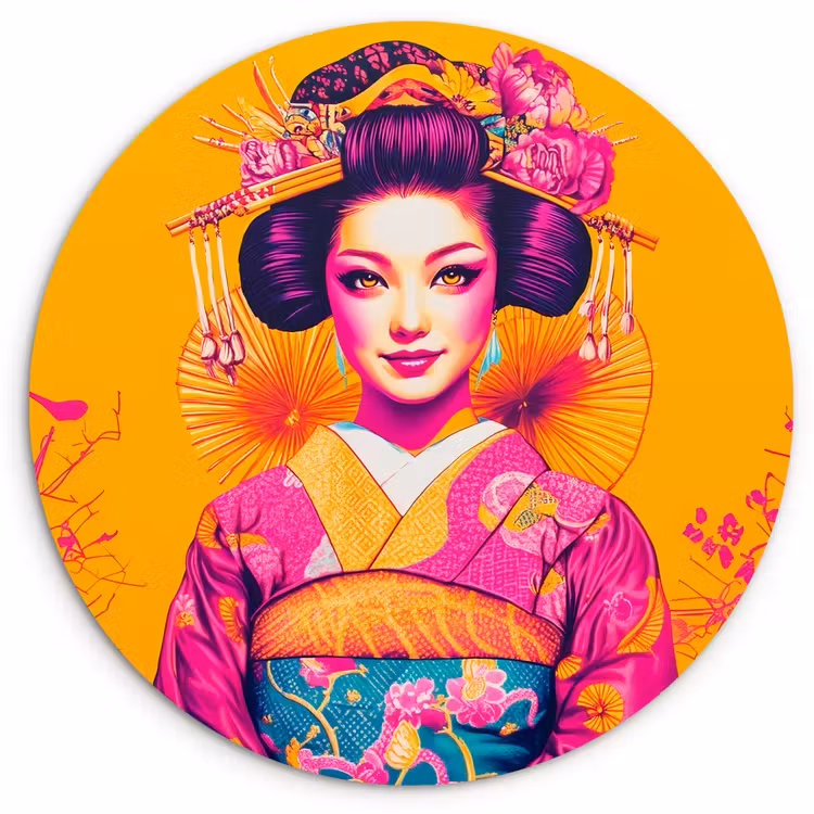 Wandcirkel - Glas - Bloemen - Vrouw - Kimono - Roze — 1