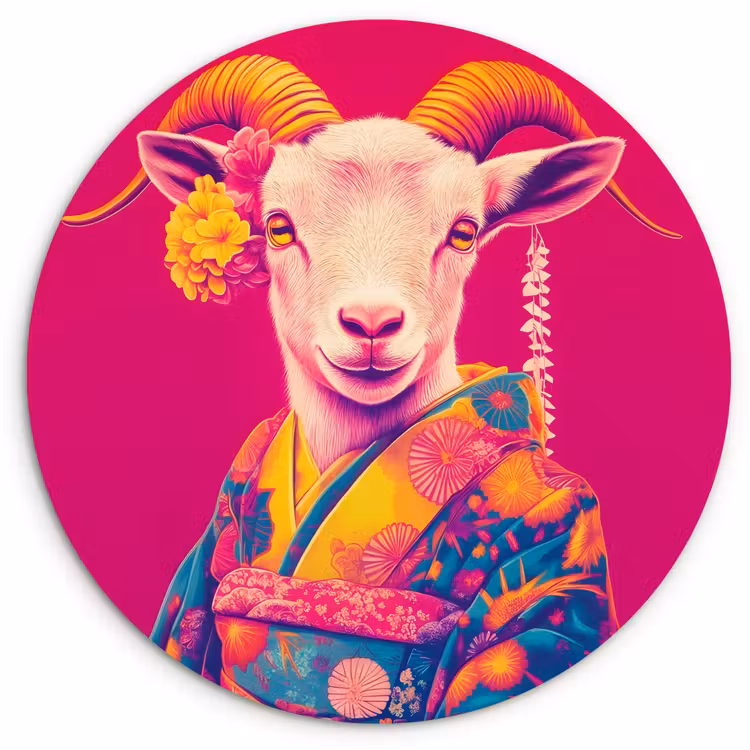 Wandcirkel - Glas - Geit - Hoorns - Kimono - Kleurrijk — 1