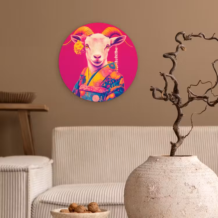Wandcirkel - Glas - Geit - Hoorns - Kimono - Kleurrijk — 2