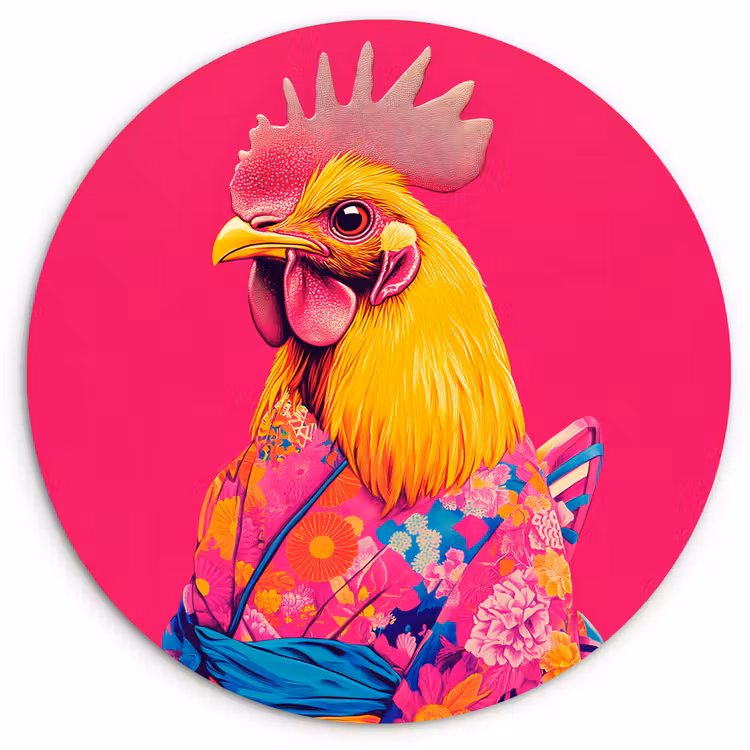 Wandcirkel - Glas - Haan - Kleurrijk - Kimono - Roze — 1
