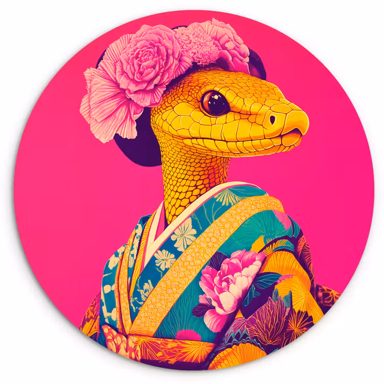 Wandcirkel - Glas - Hagedis - Bloemen - Roze - Kimono — 1
