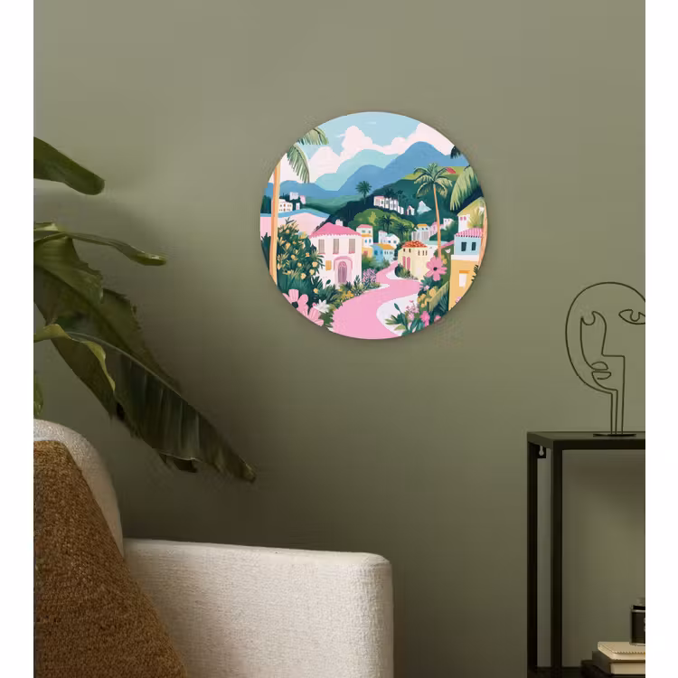 Wandcirkel - Glas - Kleurrijk - Huizen - Heuvels - Roze — 3