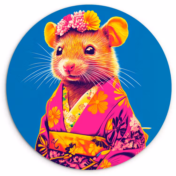 Wandcirkel - Glas - Muis - Kimono - Bloemen - Blauw — 1
