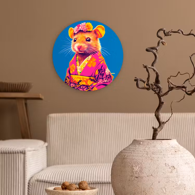 Wandcirkel - Glas - Muis - Kimono - Bloemen - Blauw — 2