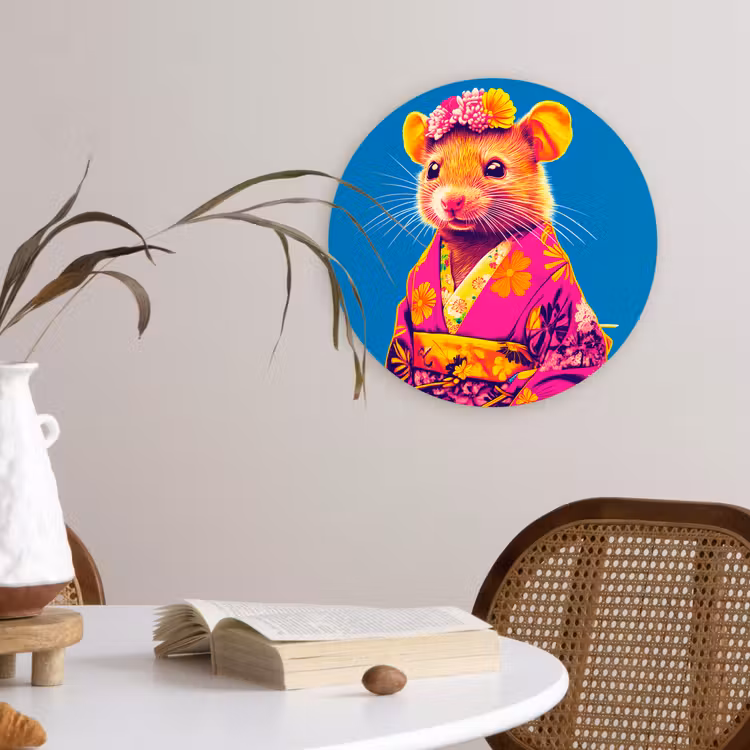 Wandcirkel - Glas - Muis - Kimono - Bloemen - Blauw — 4