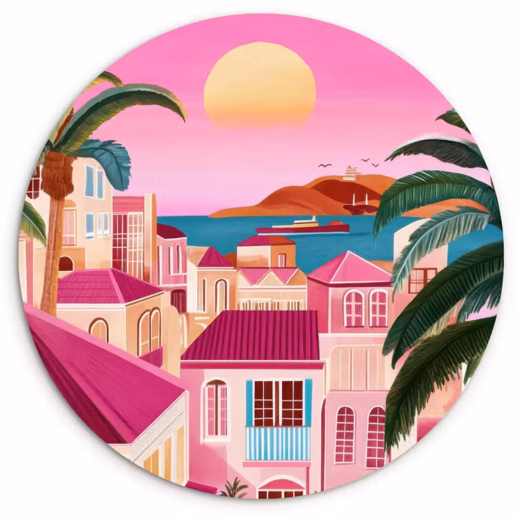 Wandcirkel - Glas - Stad - Roze - Palmbomen — 1