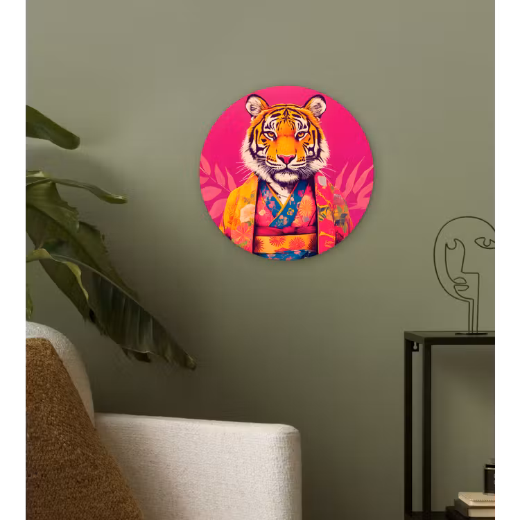 Wandcirkel - Glas - Tijger - Kimono - Planten - Roze — 3