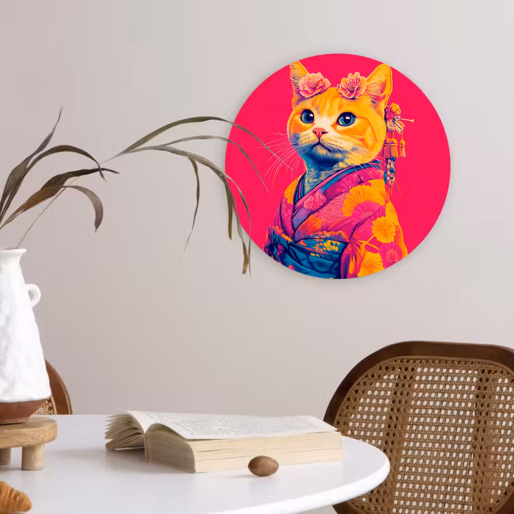 Wandcirkel - Glas - Kat - Kimono - Bloemen - Roze — 4