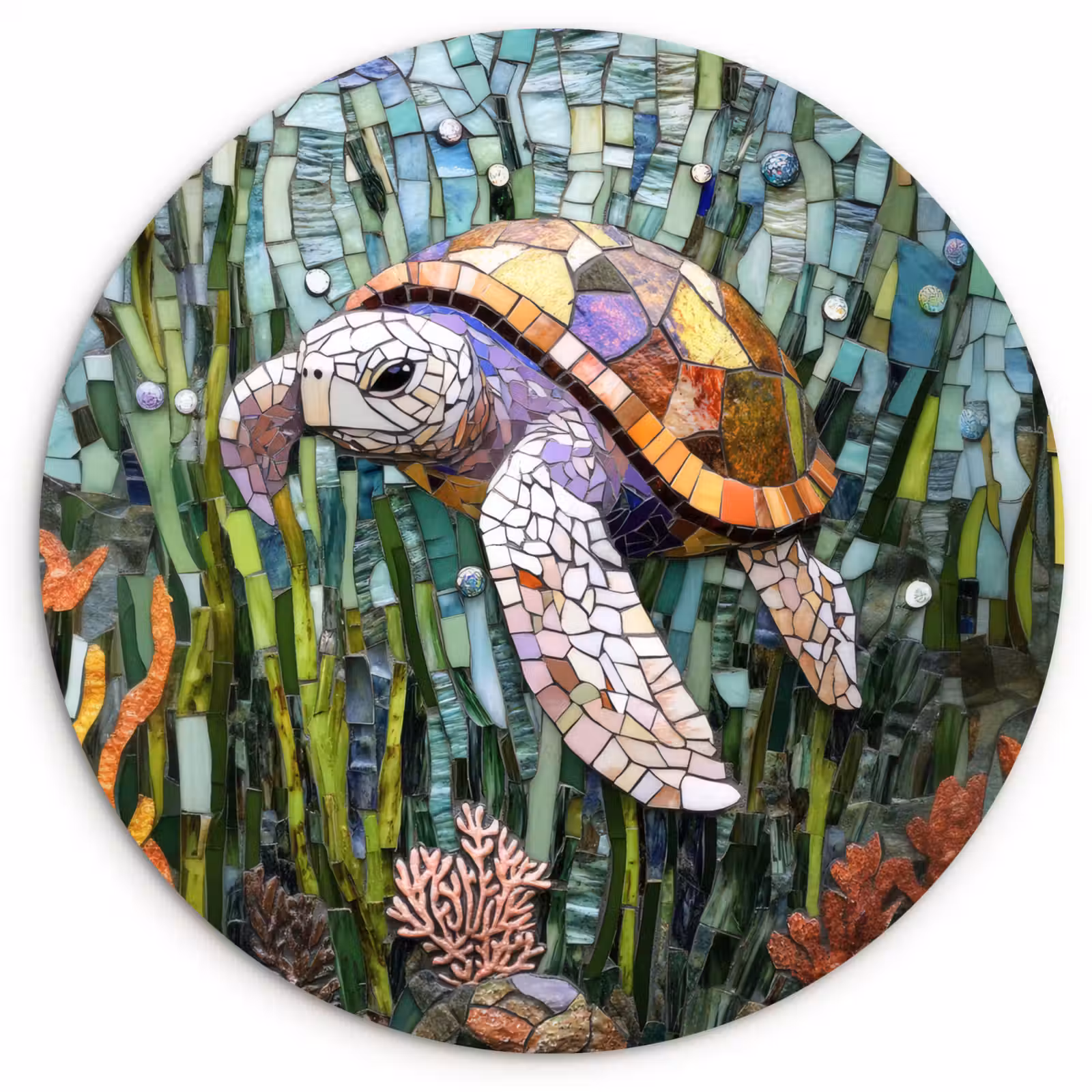 Wandcirkel - Glas - Schildpad - Zeewier - Mozaïek — 1