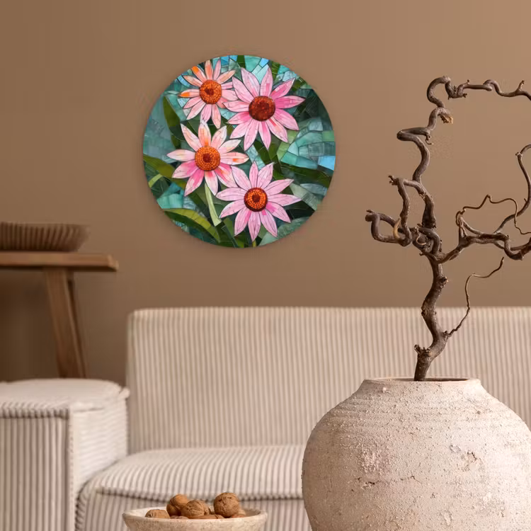 Wandcirkel - Glas - Bloemen - Roze - Glasmozaïek — 2