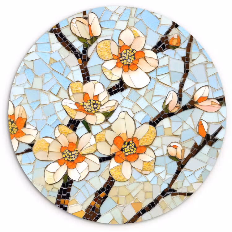 Wandcirkel - Glas - Bloesems - Wit - Mozaïek - Tak — 1