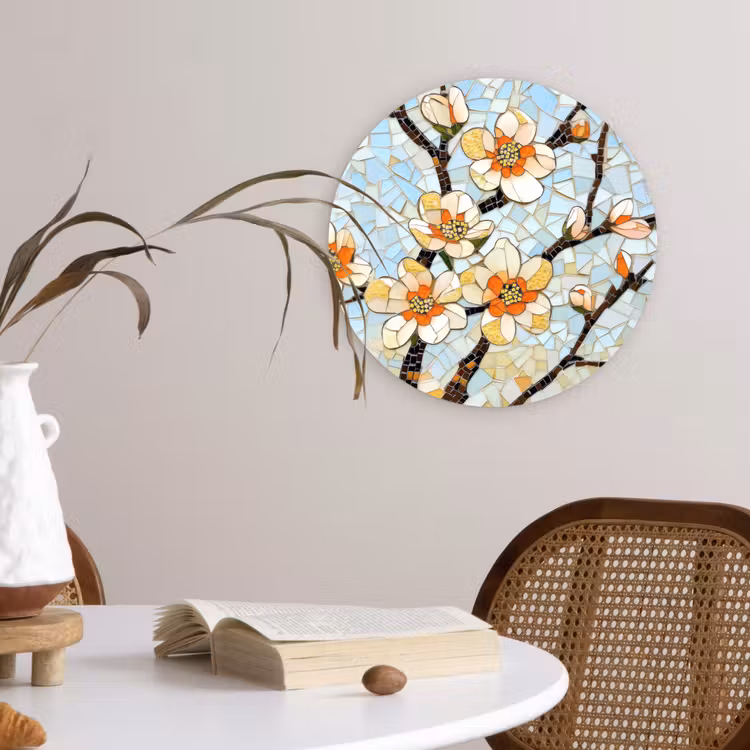 Wandcirkel - Glas - Bloesems - Wit - Mozaïek - Tak — 4