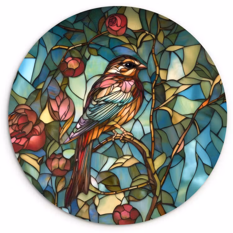 Wandcirkel - Glas - Vogel - Tak - Rozen - Mozaïek — 1