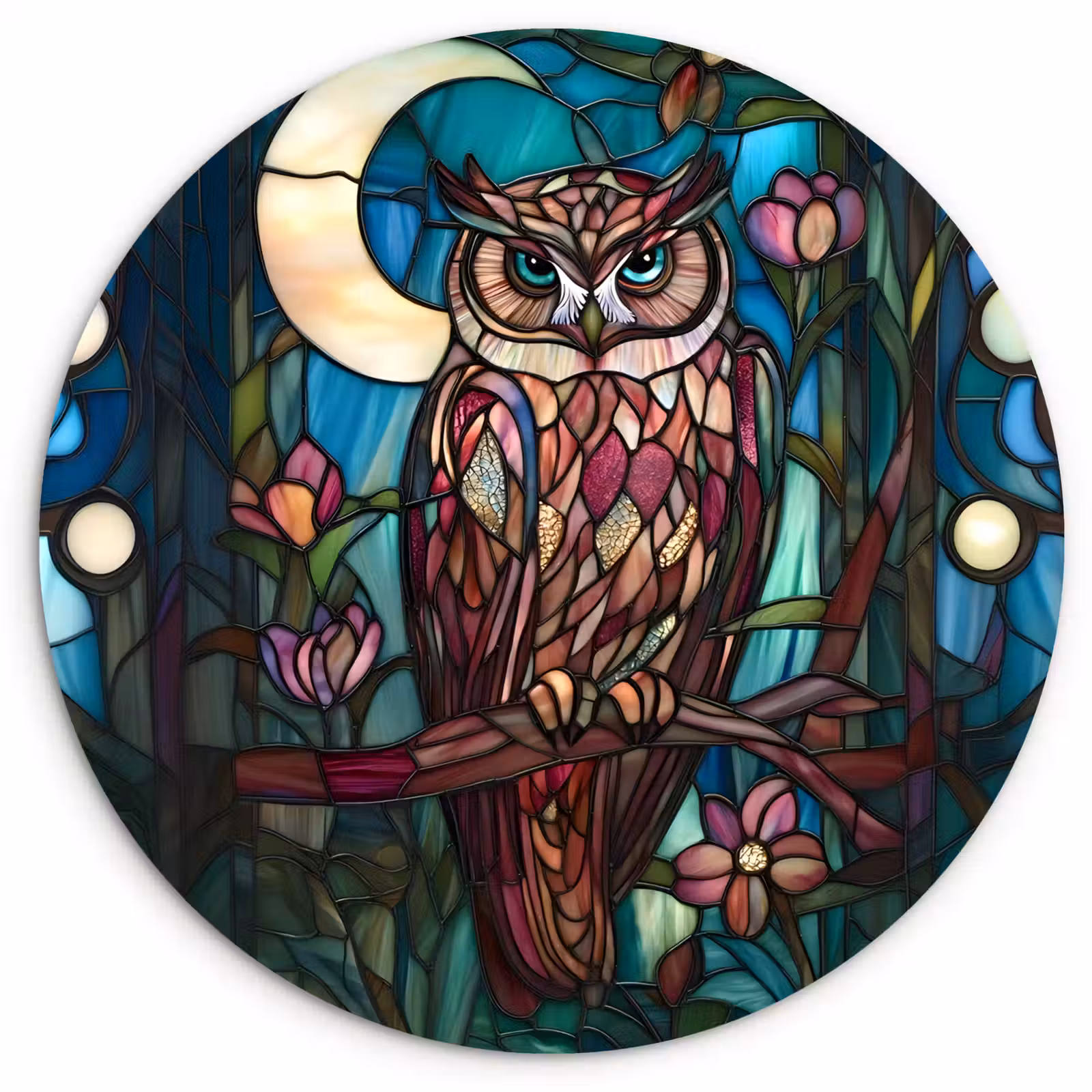 Wandcirkel - Glas - Uil - Mozaïek - Maan - Nacht — 1