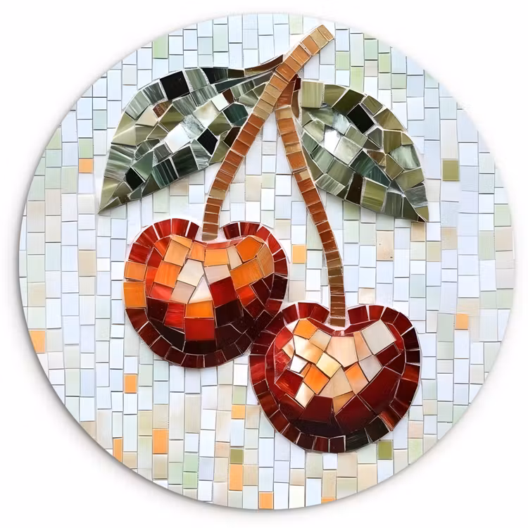 Wandcirkel - Glas - Kersen - Rood - Mozaïek - Blaadjes — 1