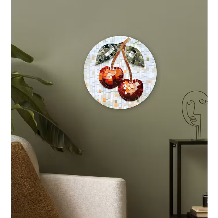 Wandcirkel - Glas - Kersen - Rood - Mozaïek - Blaadjes — 3