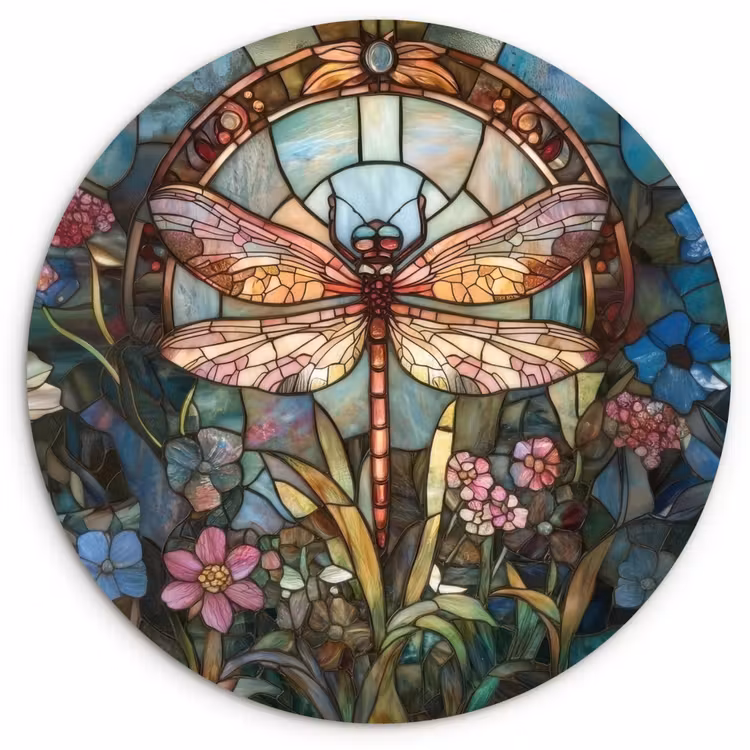 Wandcirkel - Glas - Libelle - Mozaïek - Bloemen - Kleurrijk — 1