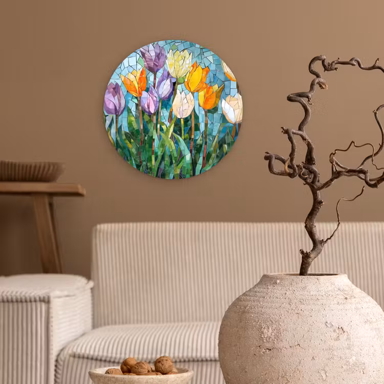 Wandcirkel - Glas - Mozaïek - Veld - Tulpen - Kleurrijk — 2
