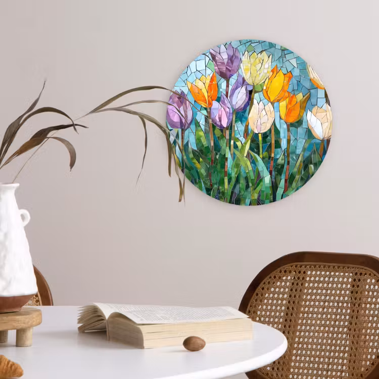 Wandcirkel - Glas - Mozaïek - Veld - Tulpen - Kleurrijk — 4