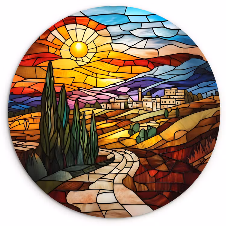 Wandcirkel - Glas - Mozaïek - Zon - Landschap - Dorp — 1