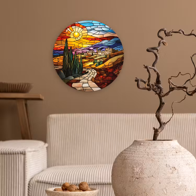 Wandcirkel - Glas - Mozaïek - Zon - Landschap - Dorp — 2