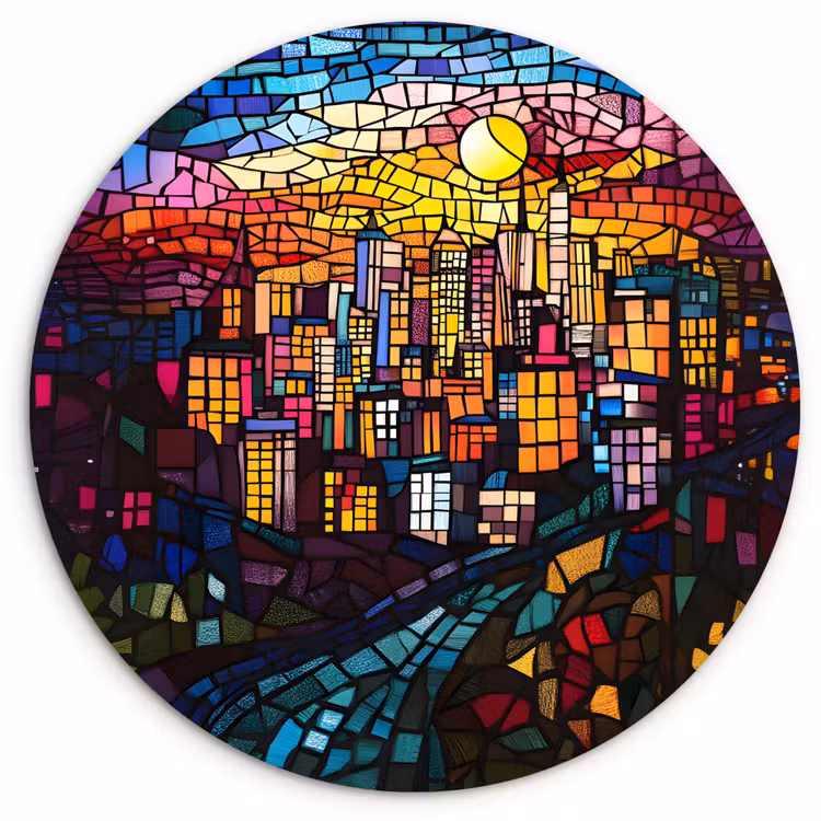 Wandcirkel - Glas - Stad - Maan - Mozaïek - Kleurrijk — 1