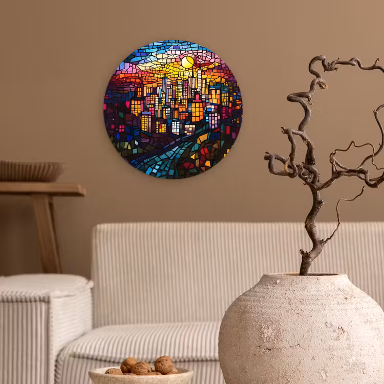 Wandcirkel - Glas - Stad - Maan - Mozaïek - Kleurrijk — 2