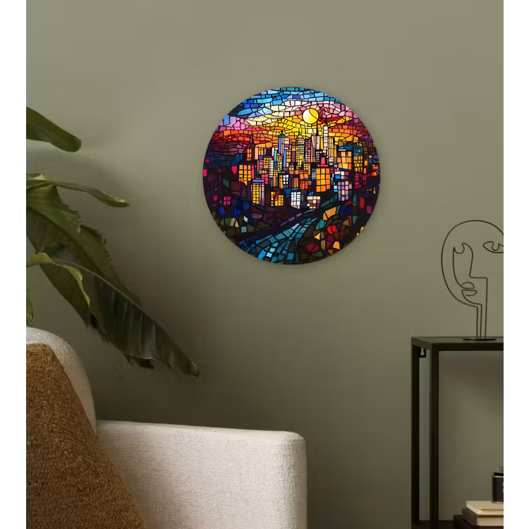 Wandcirkel - Glas - Stad - Maan - Mozaïek - Kleurrijk — 3
