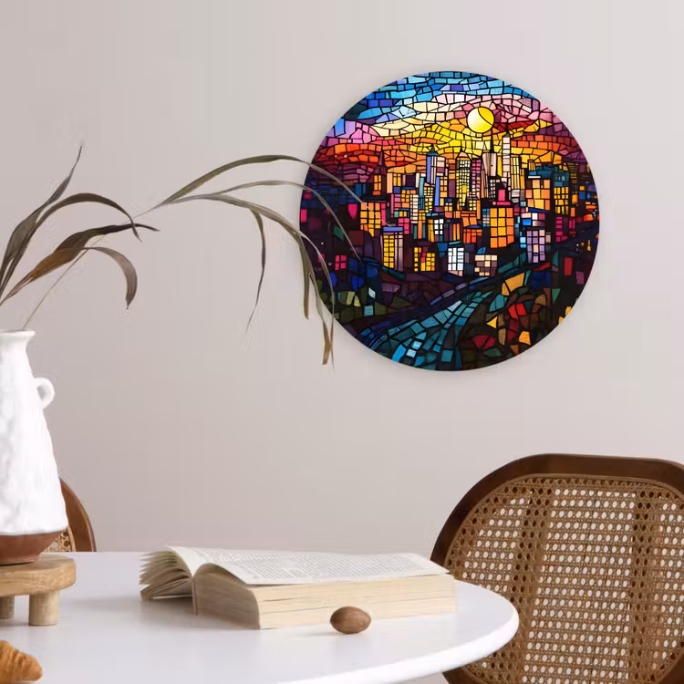 Wandcirkel - Glas - Stad - Maan - Mozaïek - Kleurrijk — 4