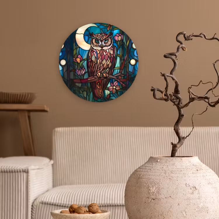 Wandcirkel - Glas - Uil - Mozaïek - Maan - Nacht — 2