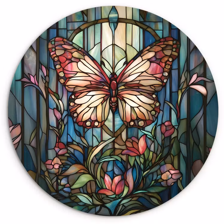 Wandcirkel - Glas - Vlinder - Roze - Bloemen - Bladeren — 1