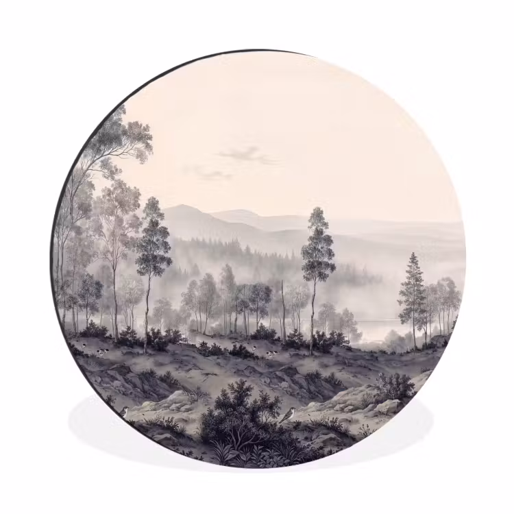 Wandcirkel - Aluminium - Mistig - Berglandschap - Illustratie — 1